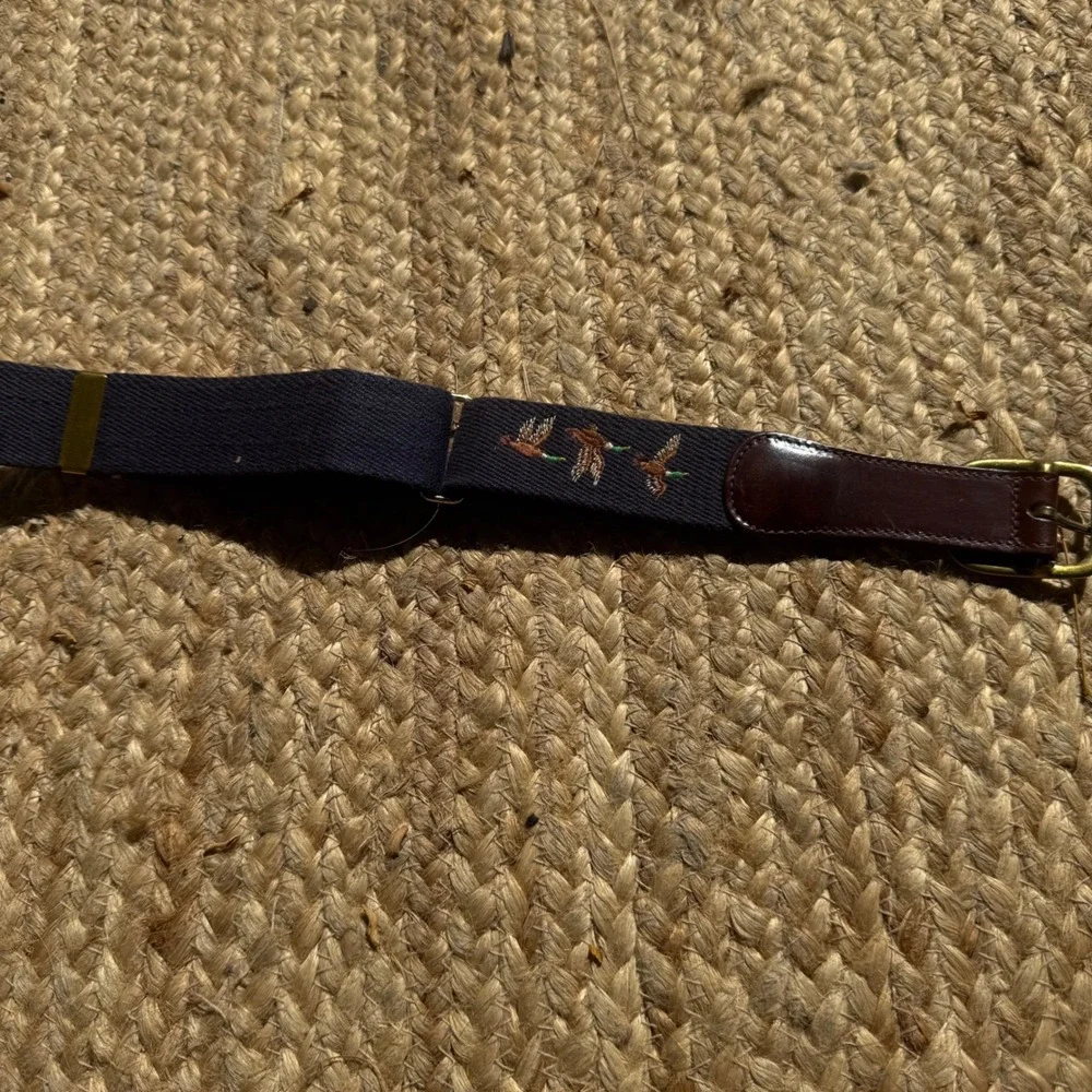 Vintage Mallard Duck Surcingle Belt Navy Canvas Leather Brass Made in USA